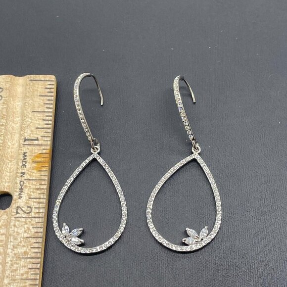 SH Pave Rhinestone Teardrop Dangle Earrings Silver Tone Hook Closure - Picture 4 of 6